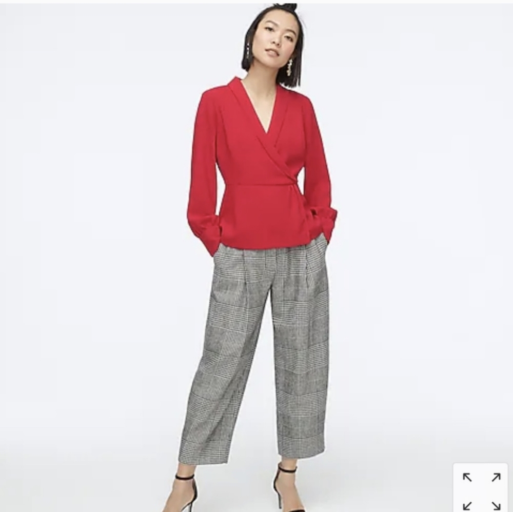 J Crew Women's Shirt Top Peplum Drapey Flowy Faux Wrap Red Christmas Holiday 8 - Picture 6 of 12